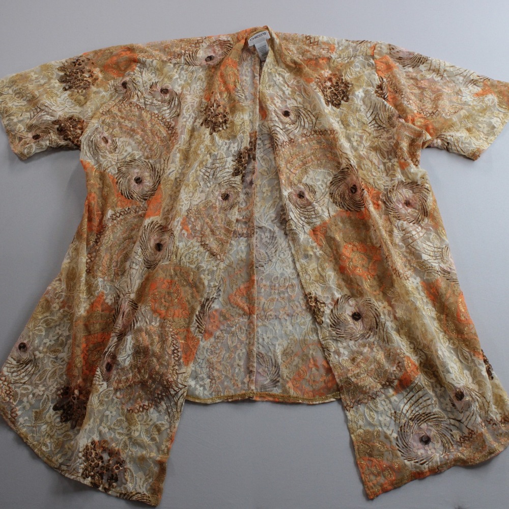 Chicos Orange Gold Metallic Lace Open Front Cardigan AOP Transparent Office Work